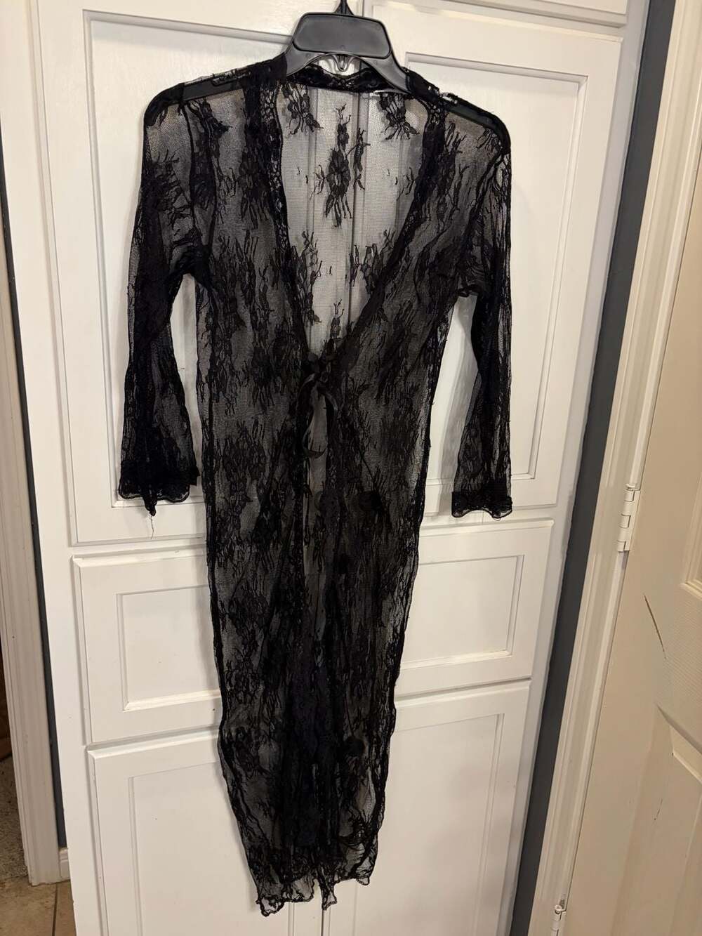 Black Lace Sheer Long Kimono Robe Nightgown with Tie Closure Whimsygoth